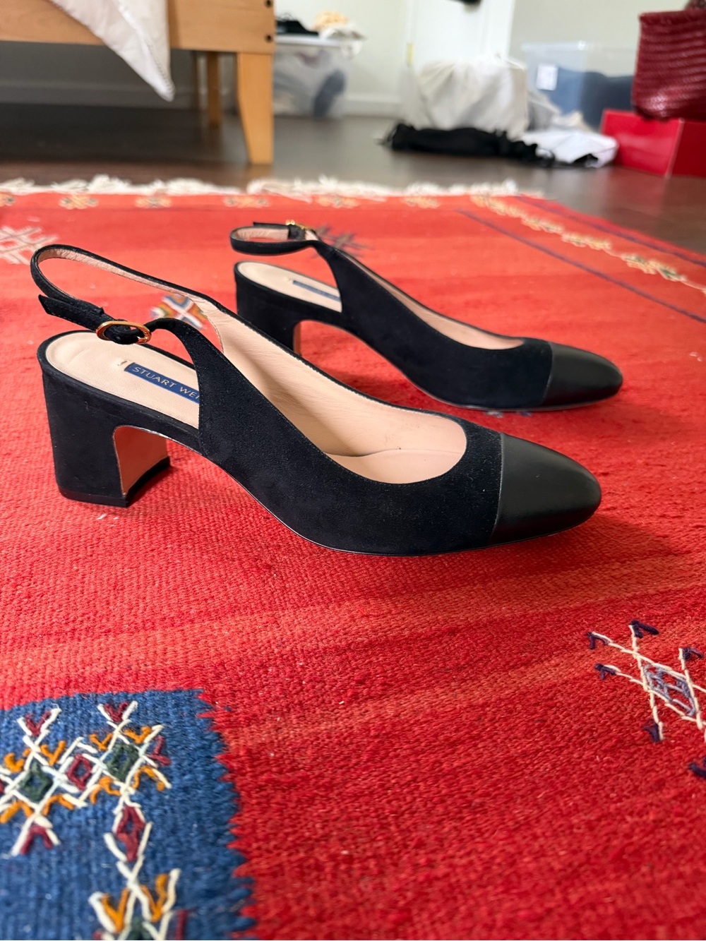 Stuart Weitzman Black Suede Slingback Block Heel with Black Cap Toe Size 8